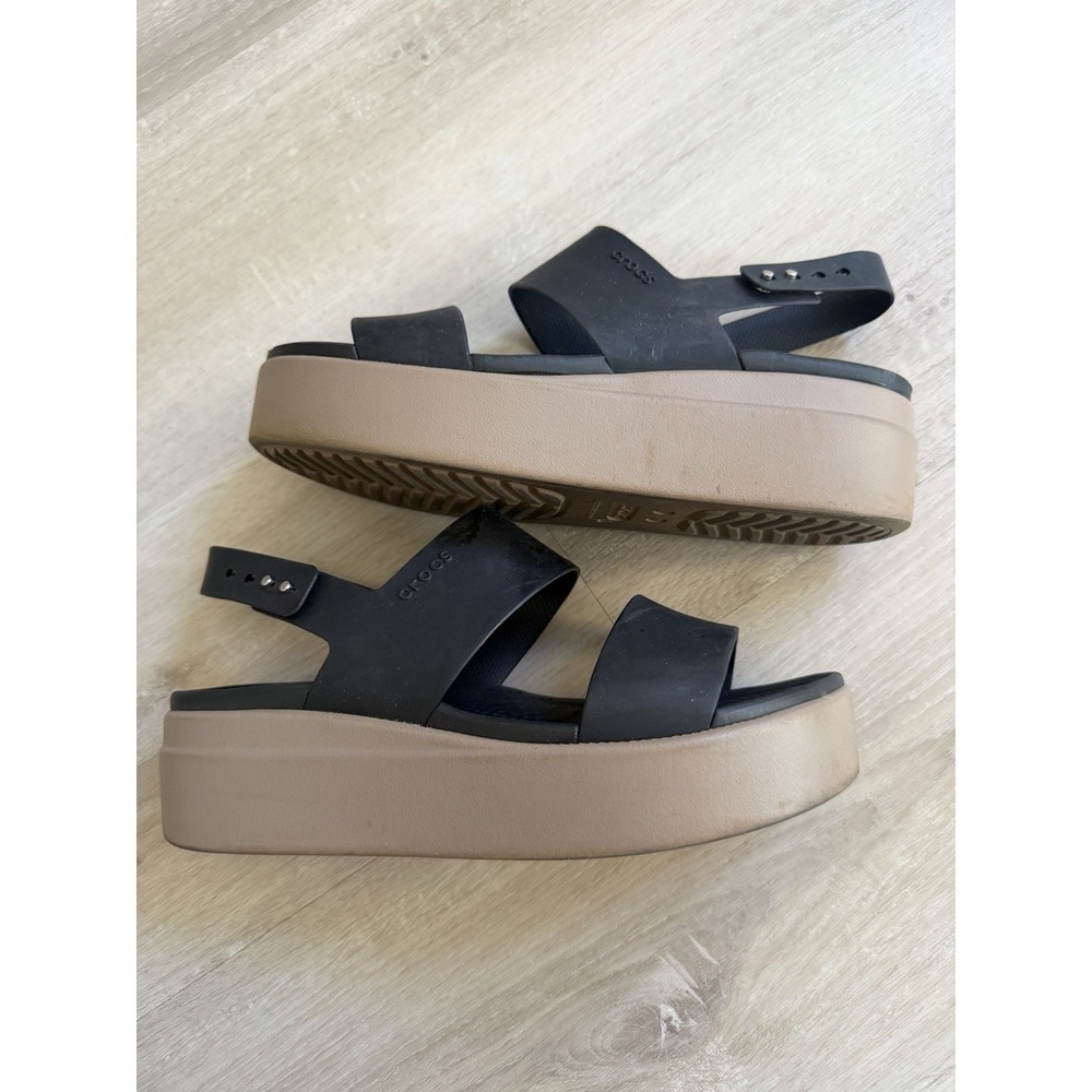 Crocs Brooklyn Sandals 8 Black Tan Comfort Platform Chunky Wedge Slingback - Picture 1 of 10